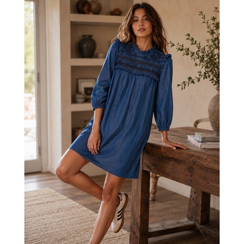 Kate Spade‎ Dress Women XS Blue Chambray Embroidered Ruffle Boho Prairie Peasant